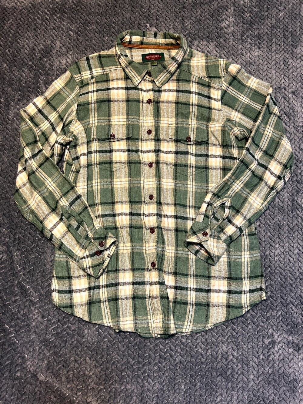 Flyshacker Flannel Shirt Mens XL White Green Plaid Flap Pockets Collar Button Up